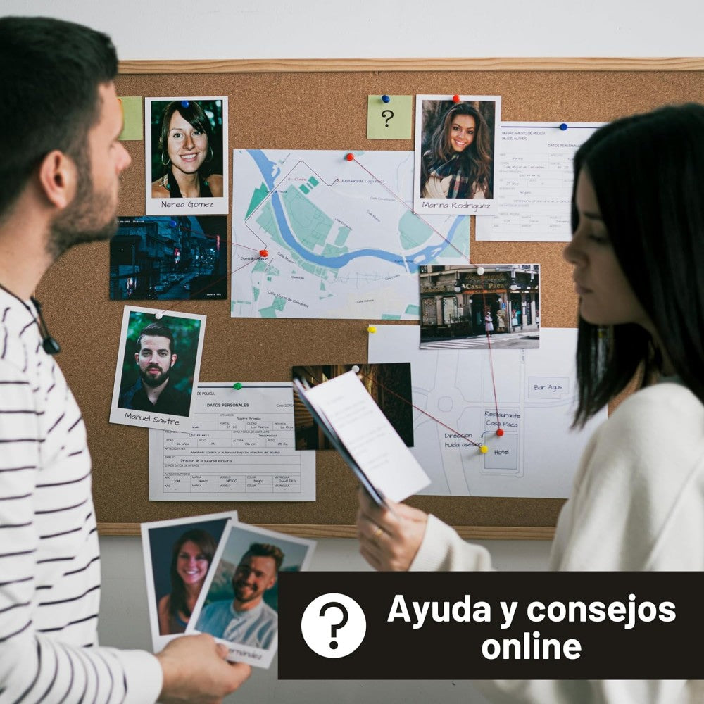 Jugadores investigando el caso con el tablero de pistas